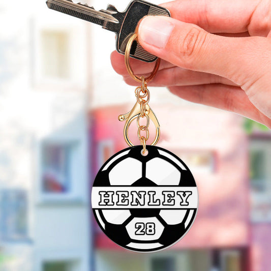 Personalised soccer keychain with custom name and jersey number on clear acrylic tag — football keyring gift for players and fans
