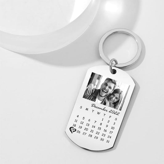Custom Black Filter Classic Photo Calendar Keyring showing a personalised photo and mini calendar with engraved-style finish — perfect anniversary keyring gift for him.