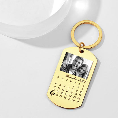 Stylish personalised photo calendar keyring with classic black filter aesthetic on a keyring chain — thoughtful birthday or anniversary gift for him.