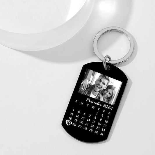 Custom Black Filter Classic Photo Calendar Keyring showing a personalised photo and mini calendar with engraved-style finish — perfect anniversary keyring gift for him.