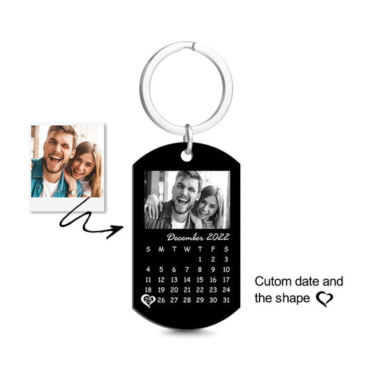 Personalised black filter photo calendar keychain showing a custom monochrome photo and mini calendar – a timeless anniversary or wedding gift
