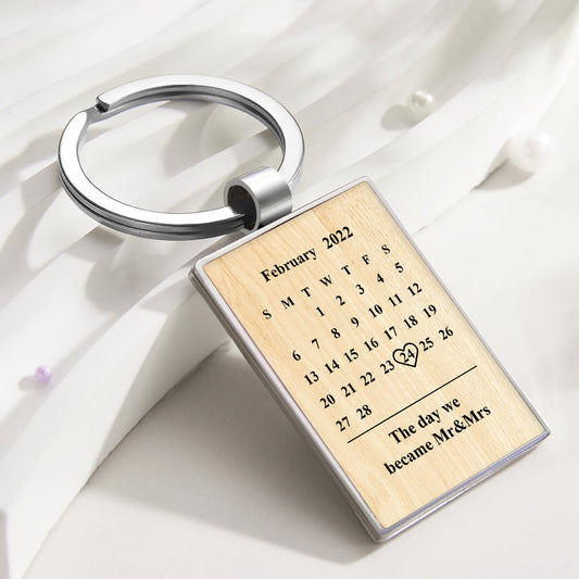 Personalised engraved keyring attached to keys featuring a mini photo and engraved calendar date — thoughtful anniversary or Mother’s Day personalised photo gift