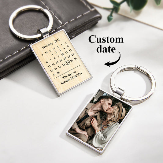 Personalised engraved keyring attached to keys featuring a mini photo and engraved calendar date — thoughtful anniversary or Mother’s Day personalised photo gift