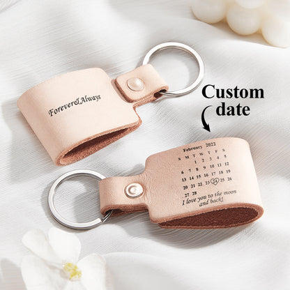 Alternate angle of personalised calendar leather keyring highlighting leather texture, stitching and engraved date — personalised engraved keyring for birthdays, weddings and anniversaries
