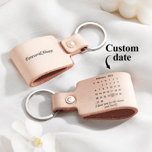 Alternate angle of personalised calendar leather keyring highlighting leather texture, stitching and engraved date — personalised engraved keyring for birthdays, weddings and anniversaries