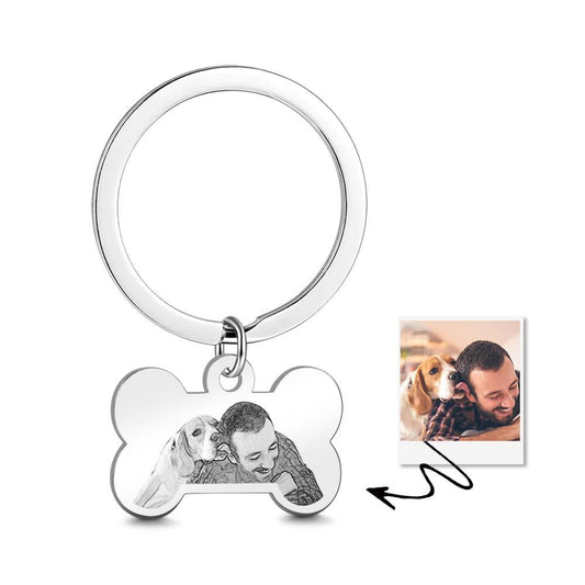Personalised bone-shaped photo keyring with a clear dog portrait, durable custom photo keychain and pet keepsake ideal as a pet memorial or dog-lover gift