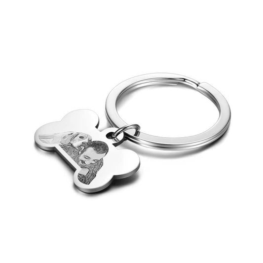 Personalised bone-shaped photo keyring with a clear dog portrait, durable custom photo keychain and pet keepsake ideal as a pet memorial or dog-lover gift