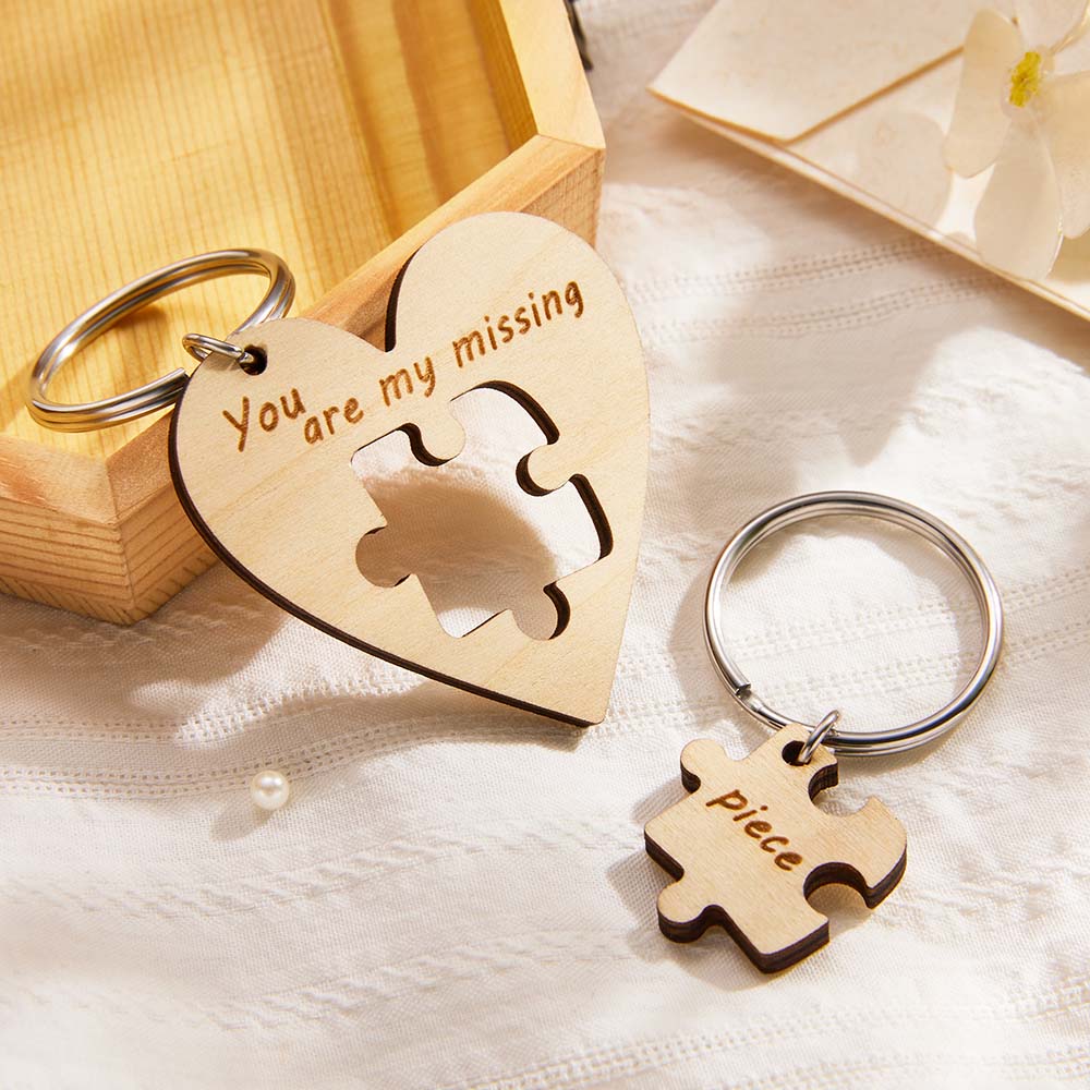 Personalised engraved wooden puzzle keyrings - handcrafted sustainable wood matching pair with laser-engraved names, ideal couples keychains and bag charms