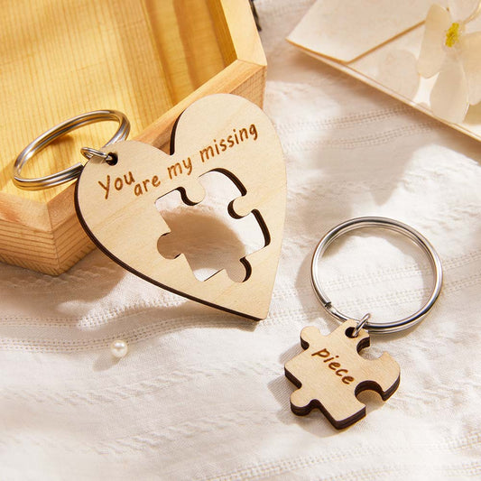 Personalised engraved wooden puzzle keyrings - handcrafted sustainable wood matching pair with laser-engraved names, ideal couples keychains and bag charms