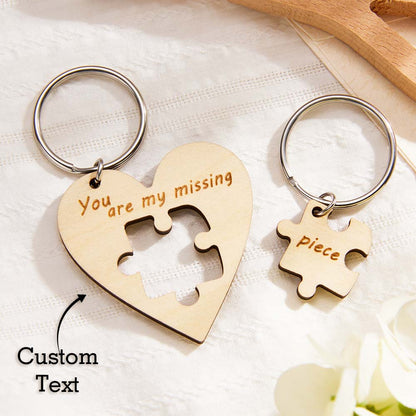 Personalised engraved wooden puzzle keyrings - handcrafted sustainable wood matching pair with laser-engraved names, ideal couples keychains and bag charms
