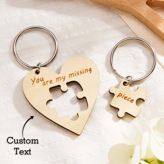 Personalised engraved wooden puzzle keyrings - handcrafted sustainable wood matching pair with laser-engraved names, ideal couples keychains and bag charms