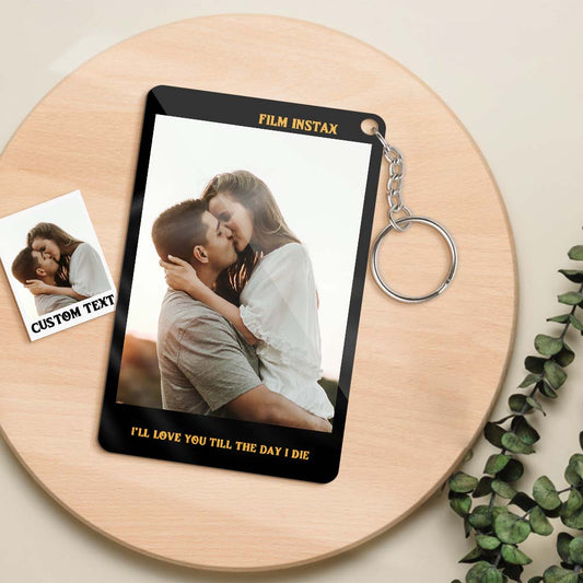 Compact personalised photo pass keyring attached to keys and a backpack, perfect anniversary or music fan gift