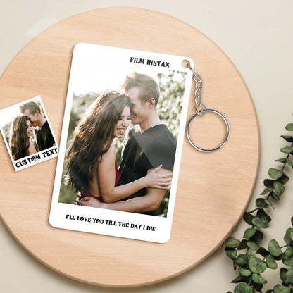 Compact personalised photo pass keyring attached to keys and a backpack, perfect anniversary or music fan gift