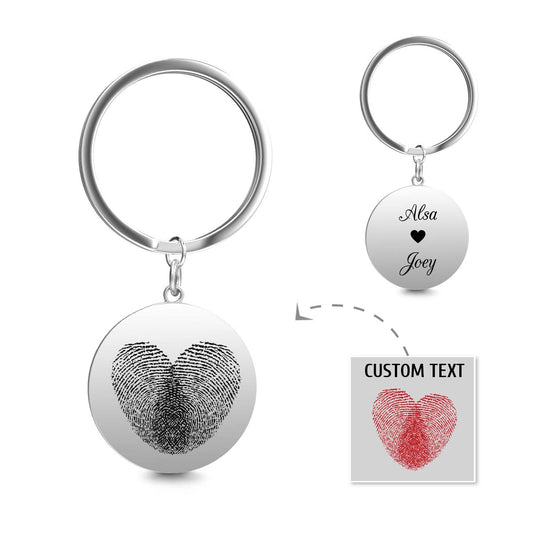 Personalised engraved fingerprint keyring presented in gift‑ready packaging, perfect as a thoughtful personalised gift