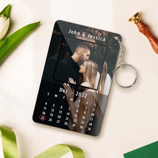 Lifestyle shot of personalised couples keychain on keys – custom calendar photo keyring perfect for Mother's Day, housewarming or thank‑you gift