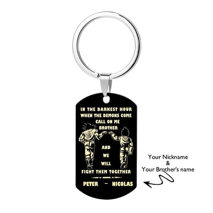 Close-up of Call On Me Brother engraved tag keyring in stainless steel showing the personalised message 'In the darkest hour, call on me' — a durable keepsake gift.