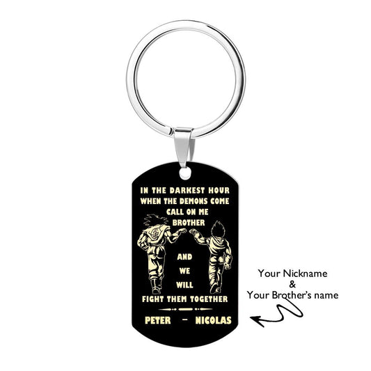 Close-up of Call On Me Brother engraved tag keyring in stainless steel showing the personalised message 'In the darkest hour, call on me' — a durable keepsake gift.