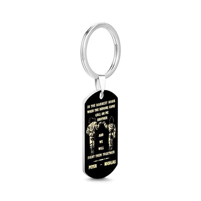 Detailed product image highlighting the personalised engraving, stainless steel finish and sturdy split-ring of the Call On Me Brother keyring.