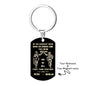 Front-facing stainless steel engraved tag keyring with clear lettering 'In the darkest hour, call on me' showcasing the polished finish.
