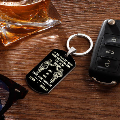 Detail image showing the engraved text and fine edging on the Call On Me Brother stainless steel tag — perfect for engraving names or dates.
