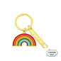 Personalised gold rainbow pendant keyring on white background – bedazzled alloy with gold finish, engraved keyring gift for him or her