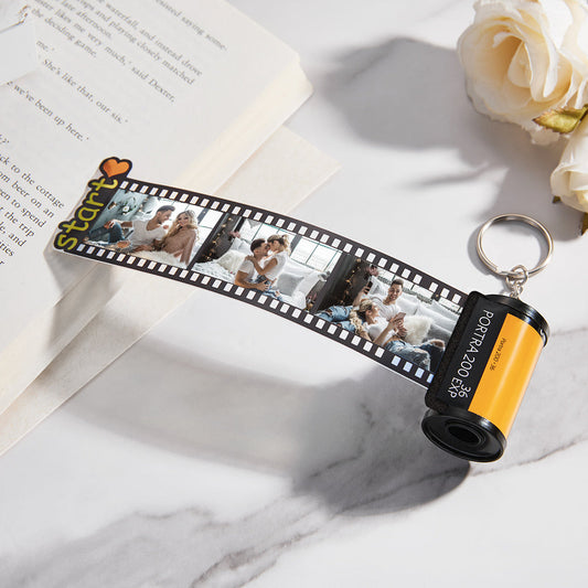 Lifestyle view of custom photo film roll keychain attached to keys, showing personalised photo insert — thoughtful Mother’s Day, graduation or keepsake gift