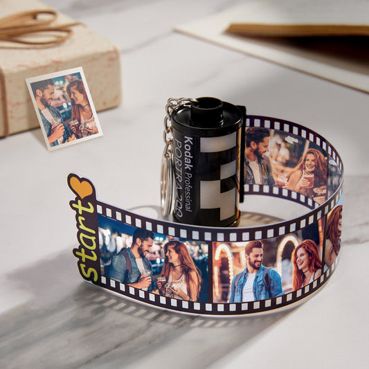 Lifestyle view of custom photo film roll keychain attached to keys, showing personalised photo insert — thoughtful Mother’s Day, graduation or keepsake gift