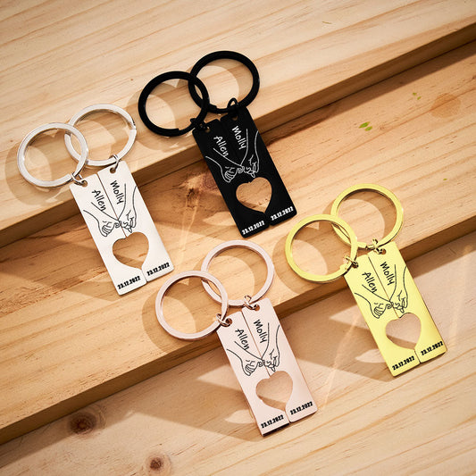 Personalised Couple Heart Keychain Set pair of matching stainless steel keyrings engraved with initials