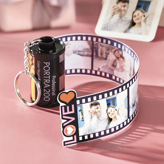 Personalised photo film keychain displayed on keys, ideal anniversary, wedding or Valentine's Day gift and keepsake