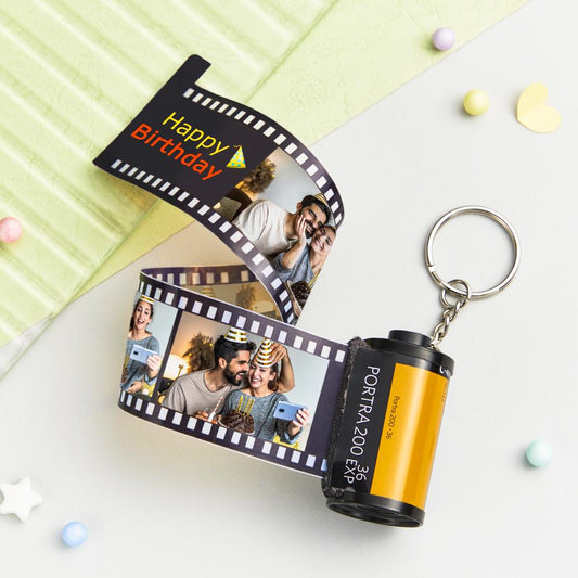 Personalised yellow photo film roll keychain with custom photo insert — custom camera keyring and personalised photo gift for weddings, Mother's Day and graduations