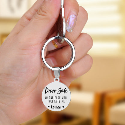 Personalised 'Drive Safe' photo keyring – stainless steel engraved rectangular 10×50mm custom name keychain with photo, ideal anniversary or Valentine's Day gift