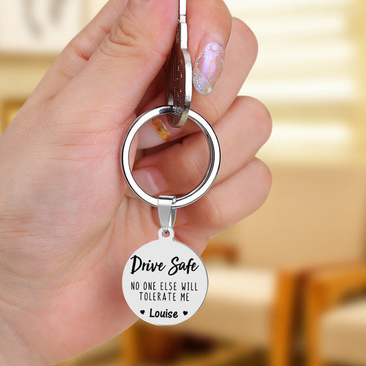 Personalised 'Drive Safe' photo keyring – stainless steel engraved rectangular 10×50mm custom name keychain with photo, ideal anniversary or Valentine's Day gift
