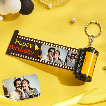 Personalised yellow photo film roll keychain with custom photo insert — custom camera keyring and personalised photo gift for weddings, Mother's Day and graduations