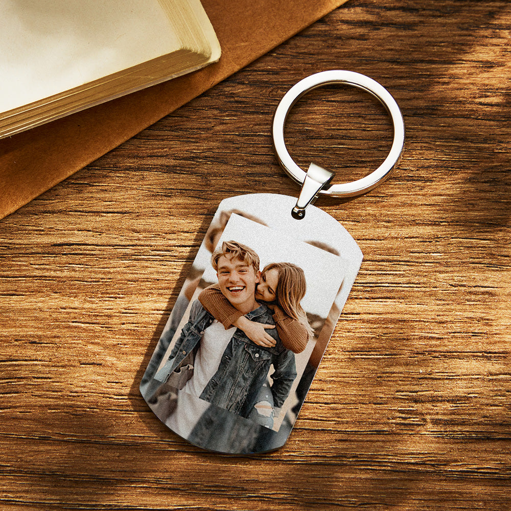 Personalised photo keychain on a set of keys highlighting lightweight, rust‑resistant stainless steel design – thoughtful custom metal anniversary gift for him