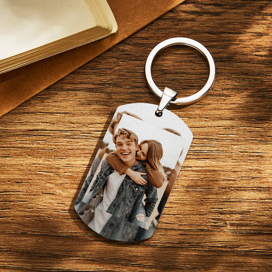 Personalised photo keychain on a set of keys highlighting lightweight, rust‑resistant stainless steel design – thoughtful custom metal anniversary gift for him