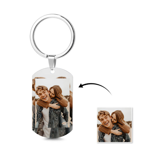 Personalised photo keychain on a set of keys highlighting lightweight, rust‑resistant stainless steel design – thoughtful custom metal anniversary gift for him