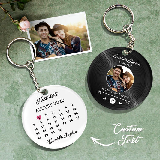 Lifestyle shot of personalised Spotify code keyring on a set of keys and gift packaging, showcasing the mini acrylic music disc keyring as a bespoke birthday or Christmas music gift