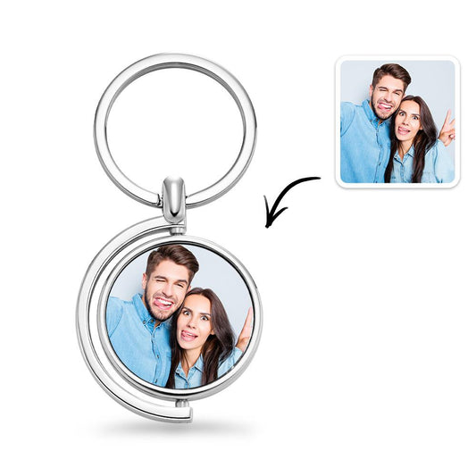 Flat-lay of personalised spinning photo keyrings highlighting premium metal construction and custom photo keepsake — thoughtful wedding or memorial gift
