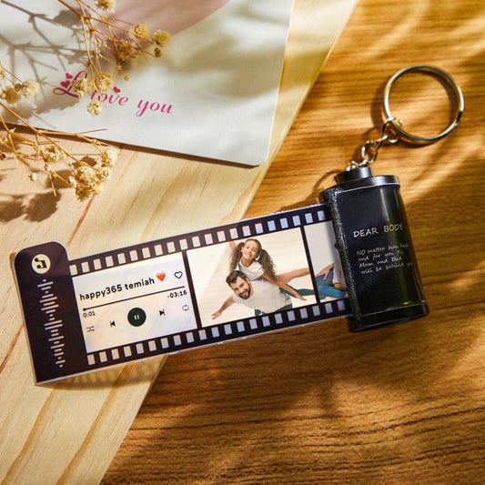 Custom Photo Film Roll Keyring with scannable music code and personalised photo insert — jewellery-style keyring gift for anniversaries