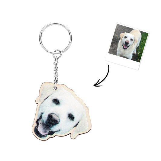 Pair of personalised wooden pet photo keychains displaying custom dog and cat engravings, ideal memorial gifts and keepsake keyrings