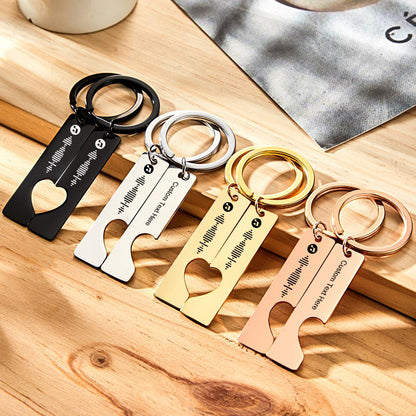 Four variation set of heart cut‑out Spotify code keychains in stainless steel – personalised designs for gifting