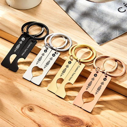 Collection of personalised stainless steel music code keyrings displaying different custom text options – ideal graduation or housewarming gift