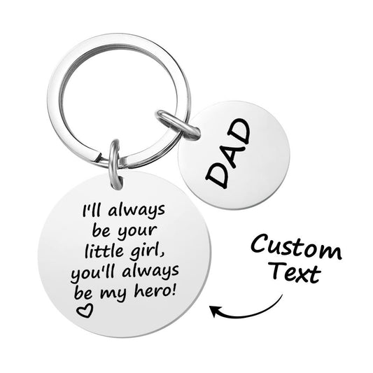 Close-up of personalised engraved 'My Hero' keychain for Dad showing detailed inscription and premium metal finish, 1.8cm and 3cm size options — heartfelt gift from daughter