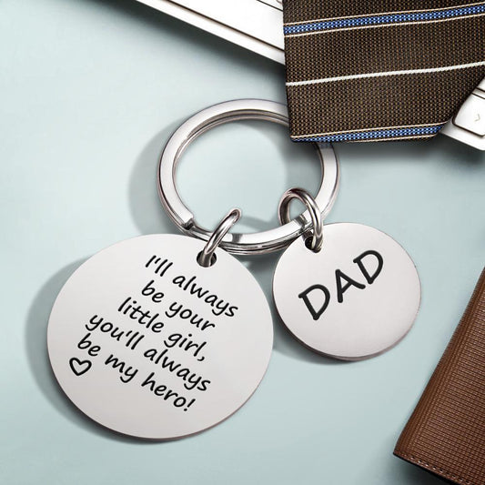 Close-up of personalised engraved 'My Hero' keychain for Dad showing detailed inscription and premium metal finish, 1.8cm and 3cm size options — heartfelt gift from daughter