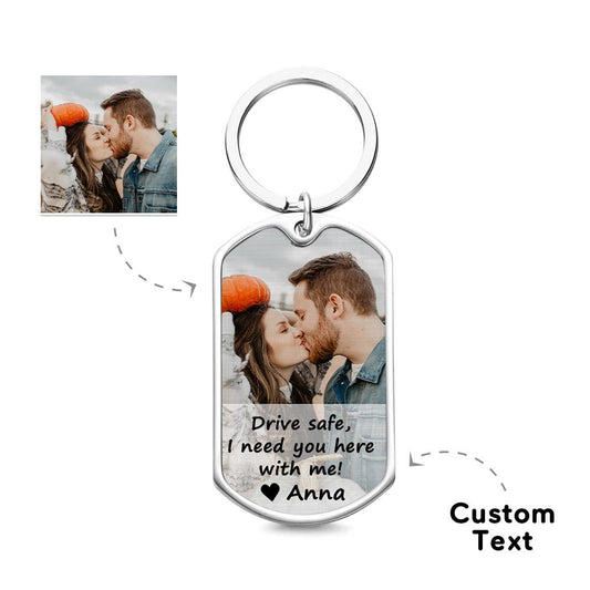 Personalised photo keyring on metal chain displayed as gift — durable custom metal couple keychain, ideal anniversary or Valentine's gift for him