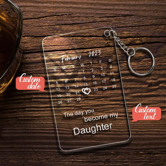 Soufel personalised calendar keyring showing a miniature calendar charm with a highlighted date and engraved custom text on a metal split ring — perfect custom anniversary keychain gift