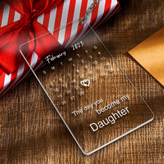 Soufel personalised calendar keyring showing a miniature calendar charm with a highlighted date and engraved custom text on a metal split ring — perfect custom anniversary keychain gift