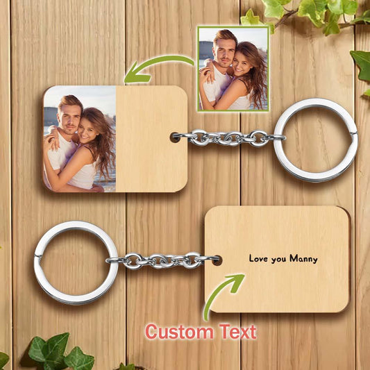 Handcrafted personalised wooden photo keyring laid flat to display photo and engraving, ideal personalised gift for birthdays, anniversaries and Mother's Day