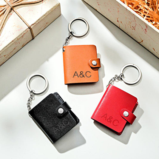 Personalised leather mini photo album keyring with engraved cover and metal keyring, compact personalised photo gift for couples