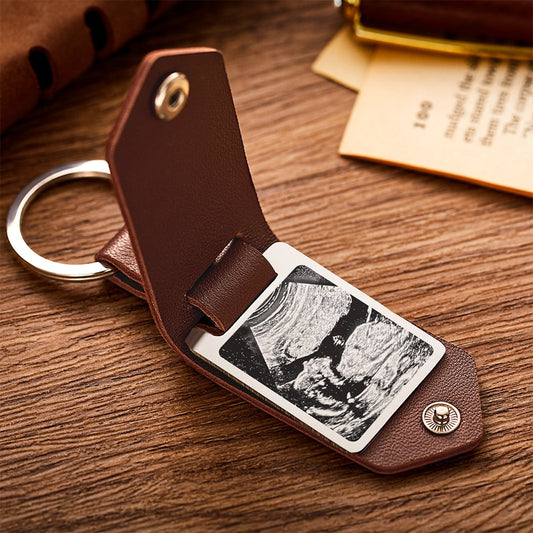 Personalised leather photo keyring with clear photo insert and metal ring, premium new dad gift and baby keepsake
